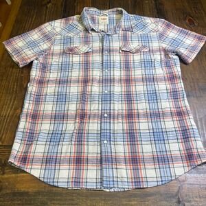 Levis Mens XXL Western Pearl Snap Shirt Short Sleeve Plaid Cotton Blue Orange